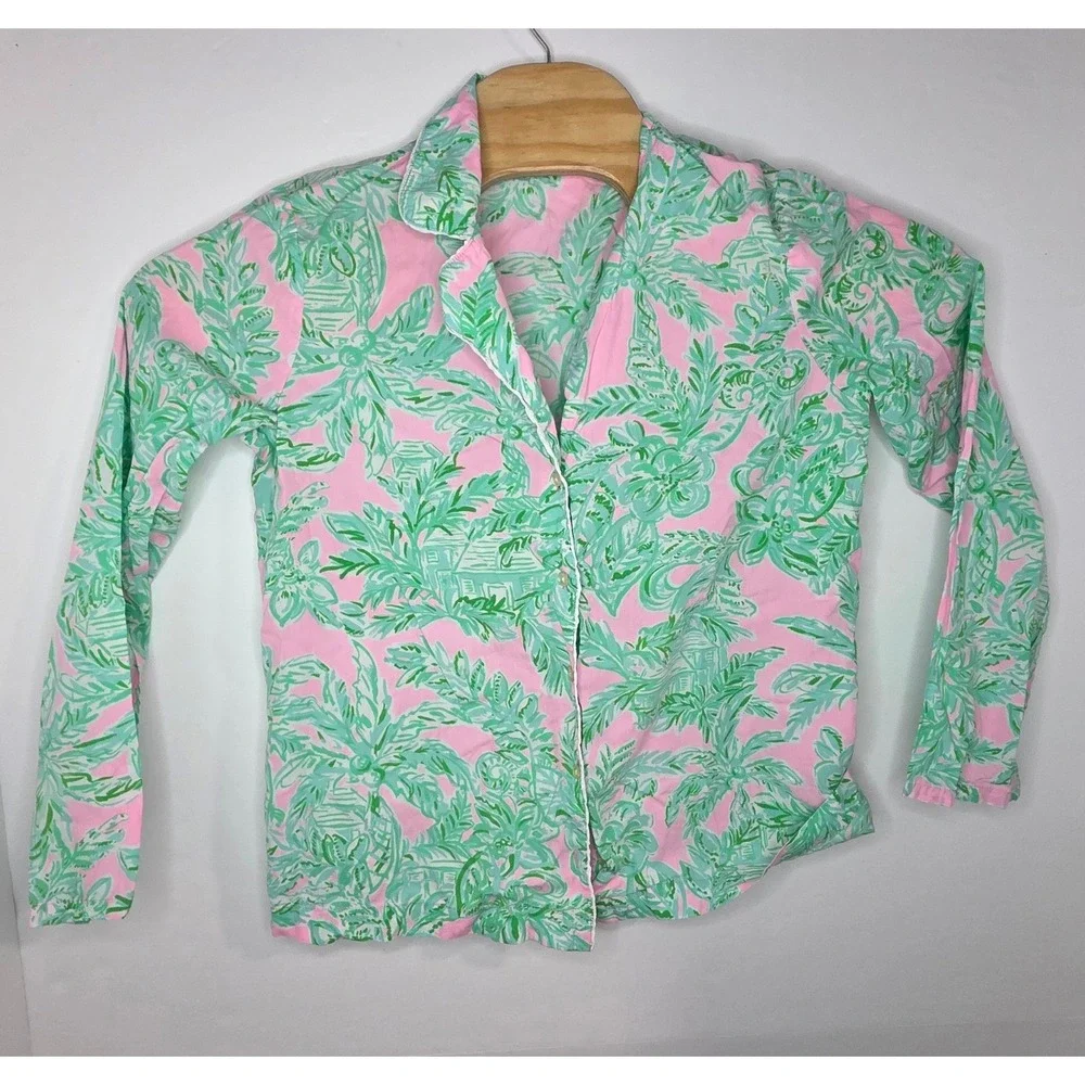Lilly Pulitzer Pajama Set Pink Green Palm Print Long Sleeve Top Pants Small